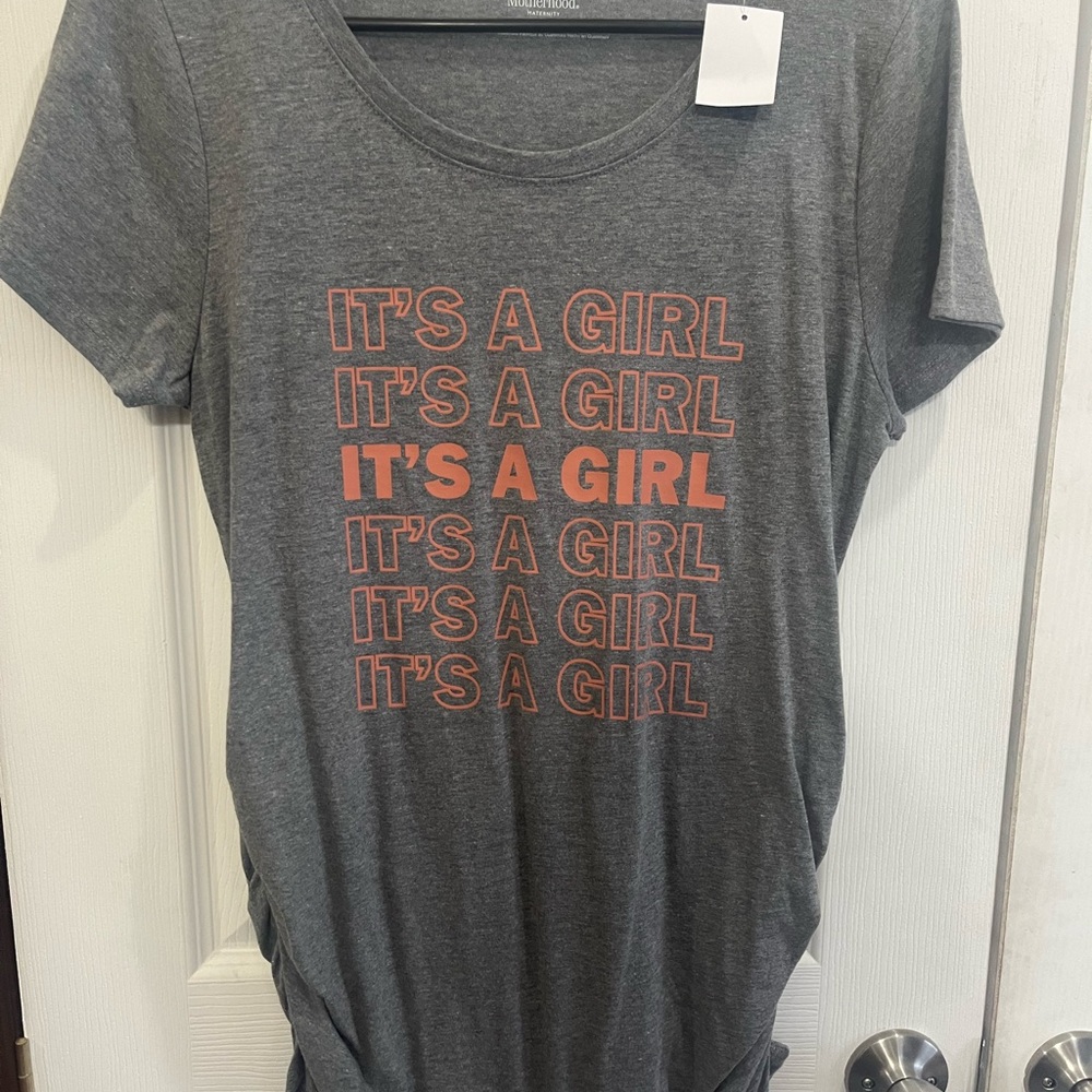 Motherhood Maternity Gray Pink Fitted Ruched Short Sleeve Tee